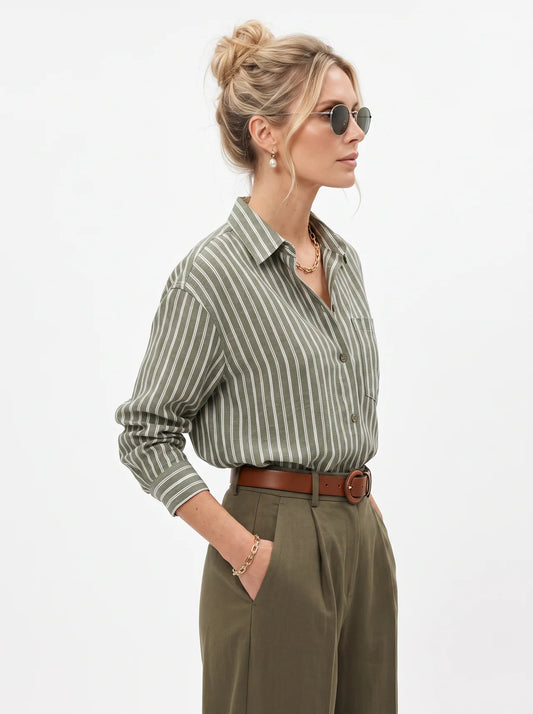Double Layer Cotton Gauze Striped Shirt Women Loose Long Sleeve Top
