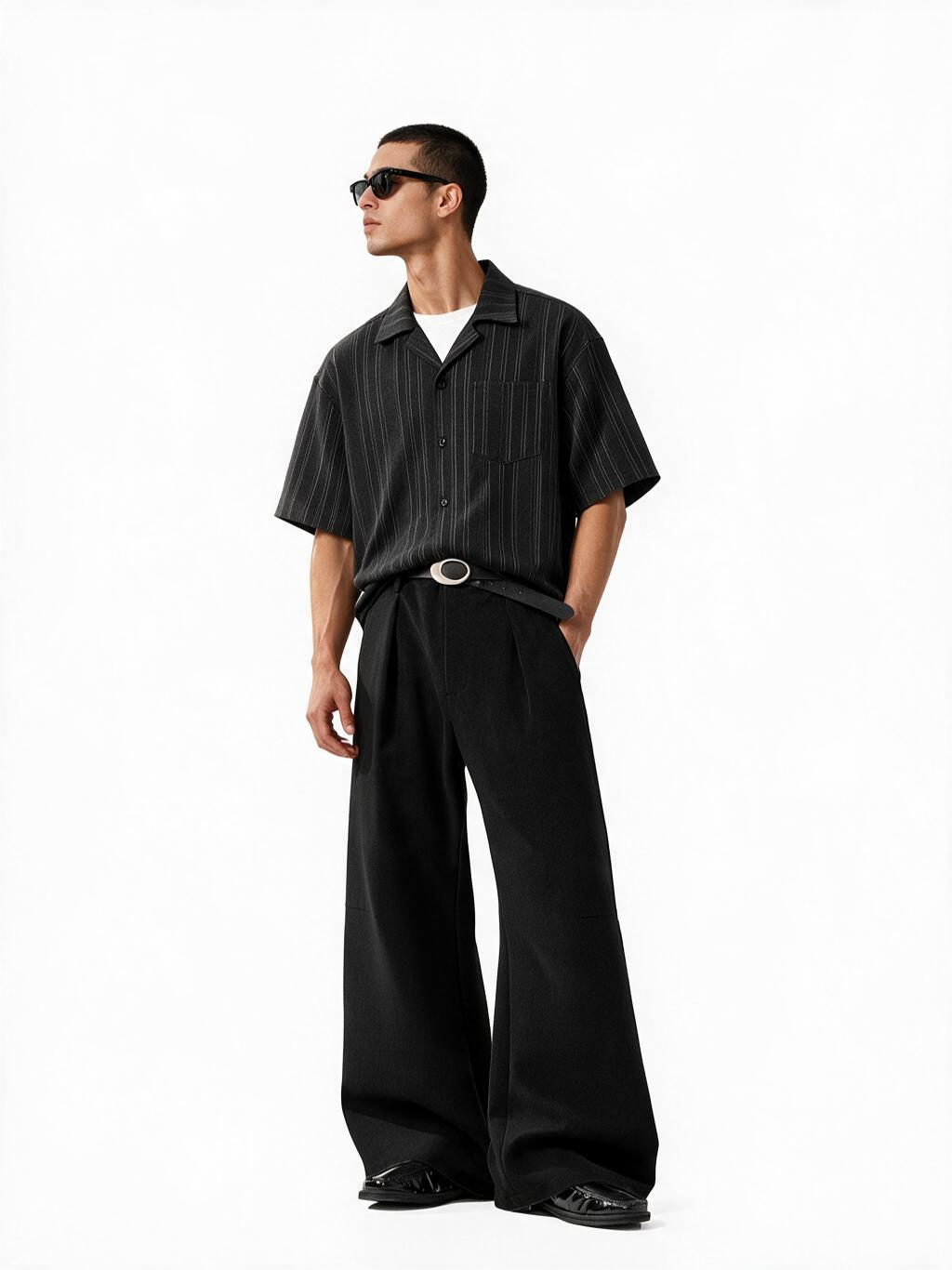 Cuban Collar Striped Casual Shirt