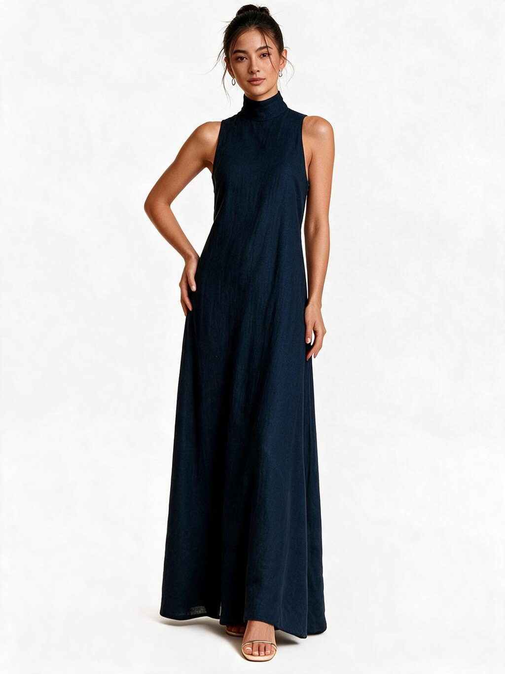 High Neck Linen Dress