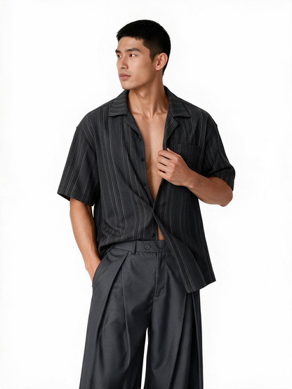 Cuban Collar Striped Casual Shirt