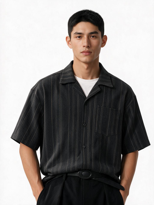 Cuban Collar Striped Casual Shirt