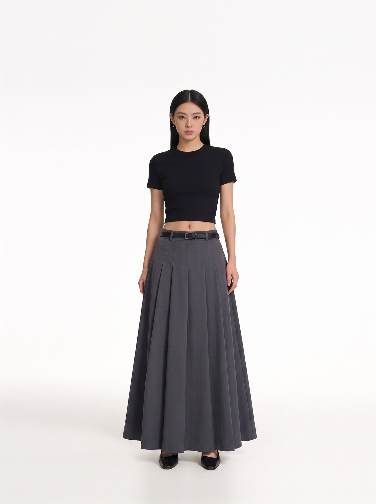 High Waist Pleated Mid-Length Skirt