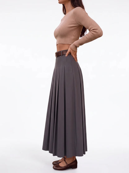 High Waist Pleated Mid-Length Skirt