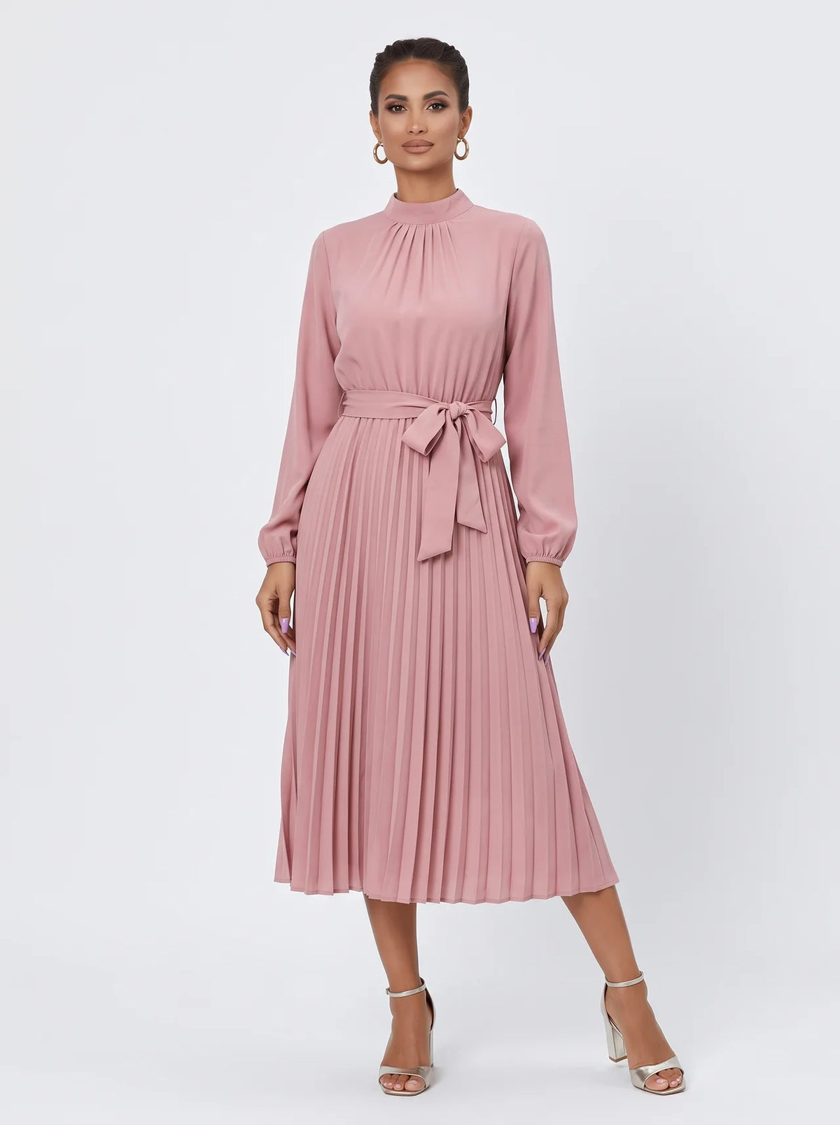 Elegant Stand Collar Pleated Long Dress