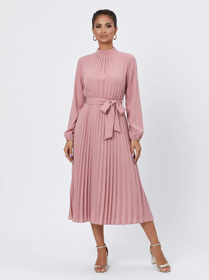 Elegant Stand Collar Pleated Long Dress