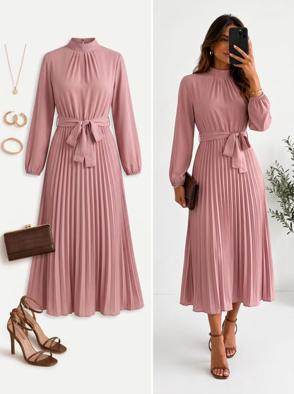 Elegant Stand Collar Pleated Long Dress