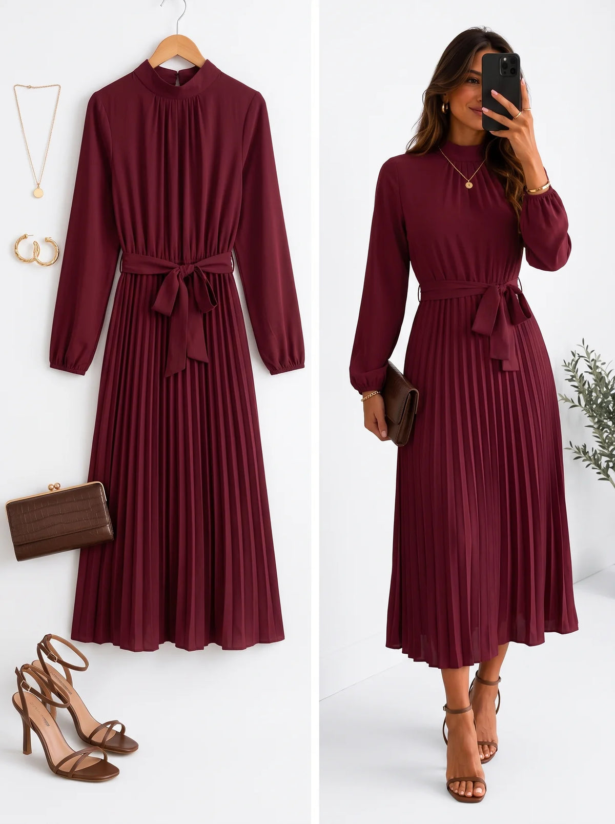 Elegant Stand Collar Pleated Long Dress