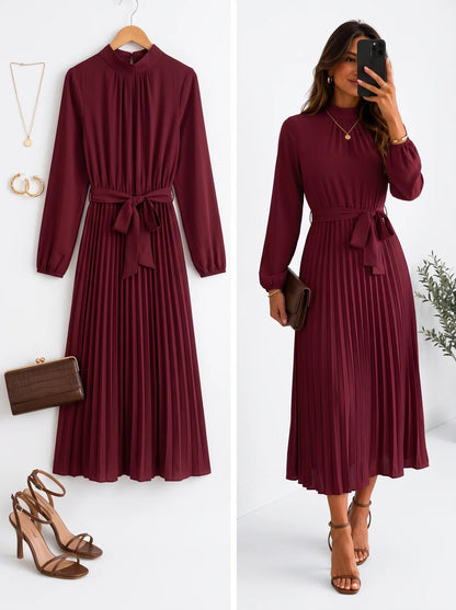 Elegant Stand Collar Pleated Long Dress