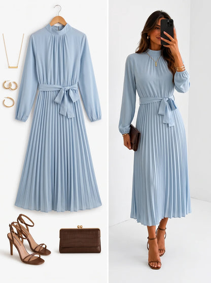 Elegant Stand Collar Pleated Long Dress