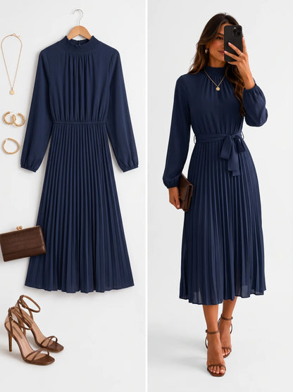 Elegant Stand Collar Pleated Long Dress