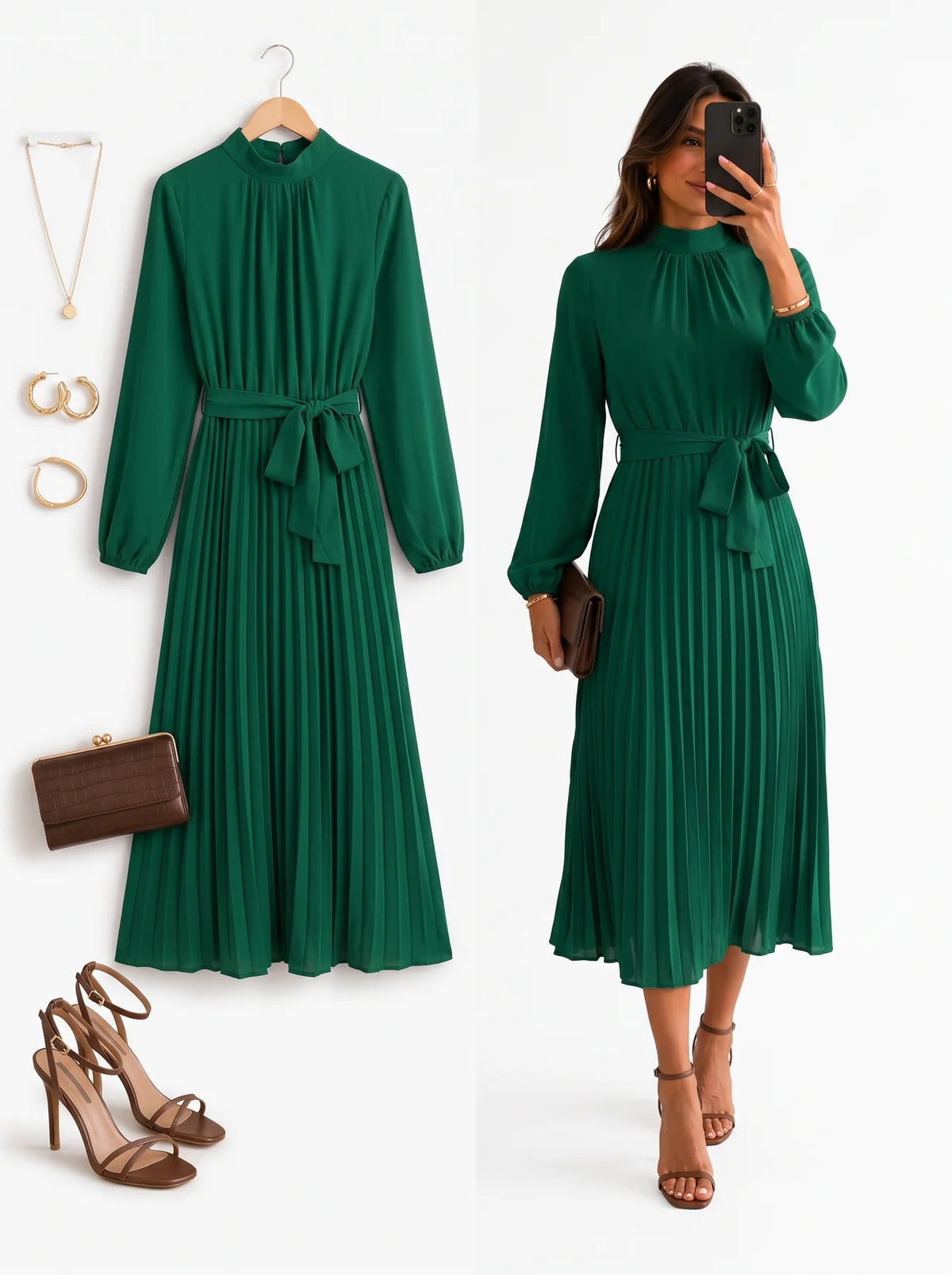 Elegant Stand Collar Pleated Long Dress