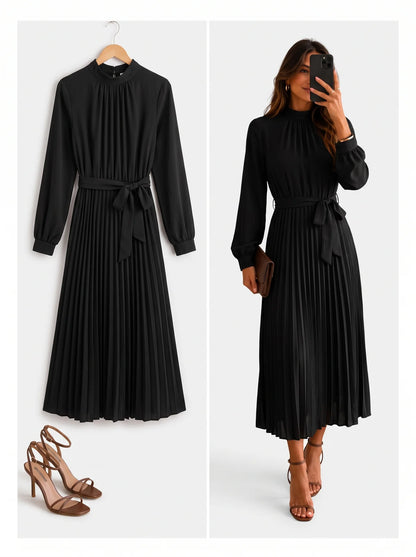Elegant Stand Collar Pleated Long Dress