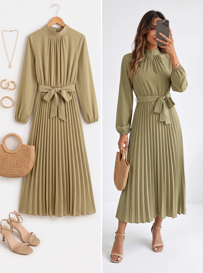 Elegant Stand Collar Pleated Long Dress