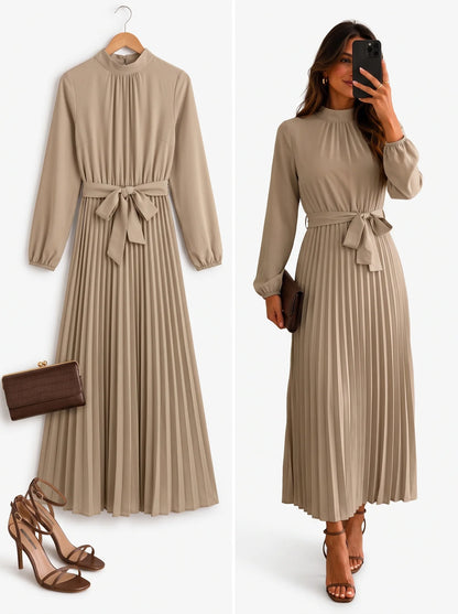 Elegant Stand Collar Pleated Long Dress