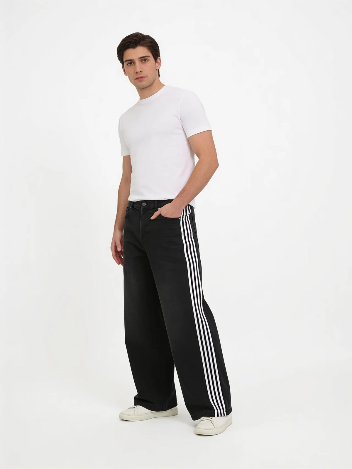 Mens Striped Wide Leg Denim Pants