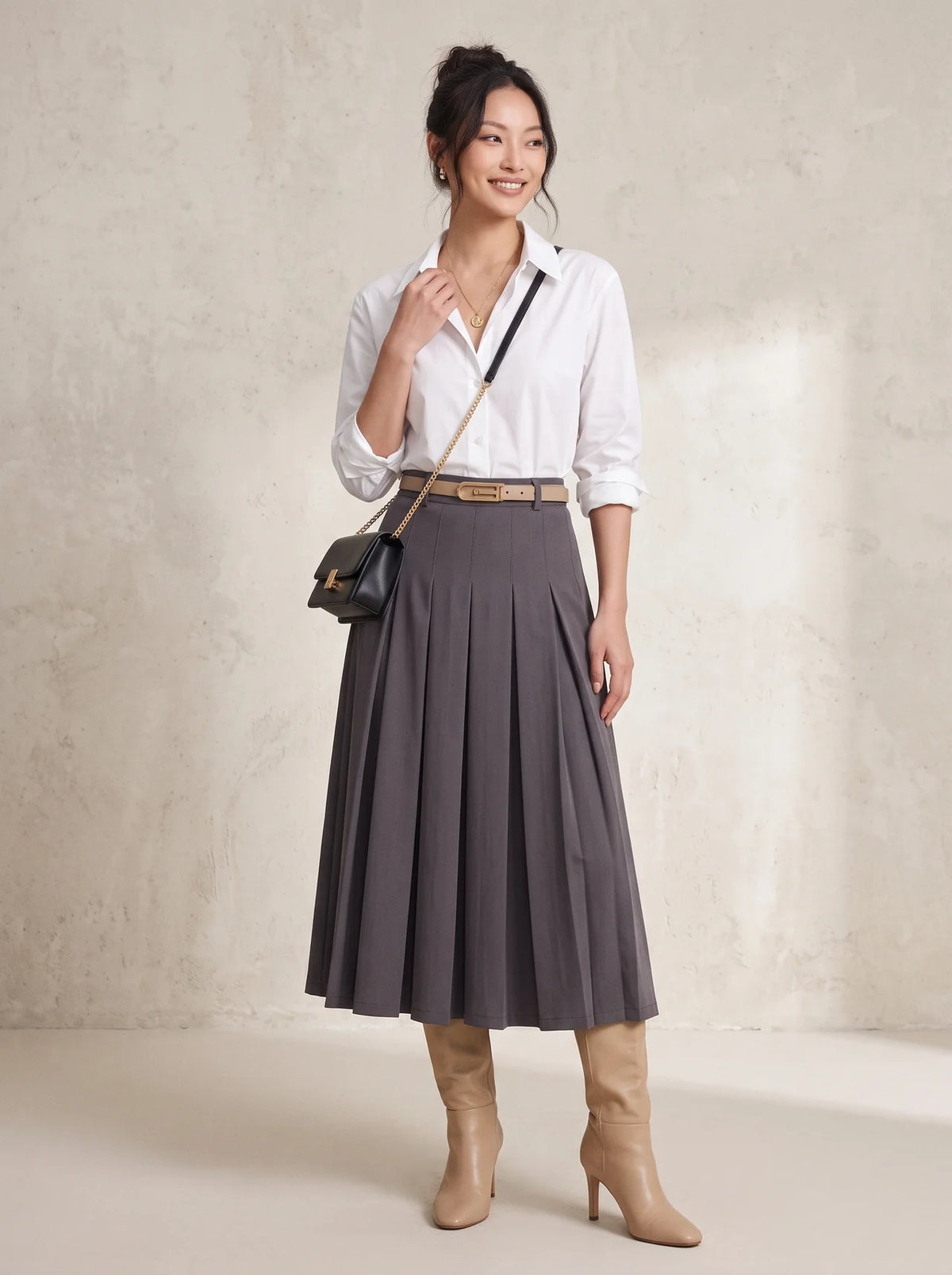 High Waist Pleated Mid-Length Skirt