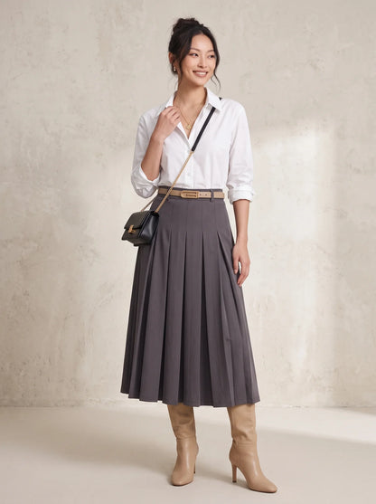 High Waist Pleated Mid-Length Skirt
